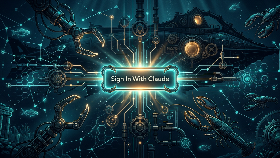 Image is via Adobe Firefly - A Sign in button floating in a sea of robotic and actual aquatic claws.