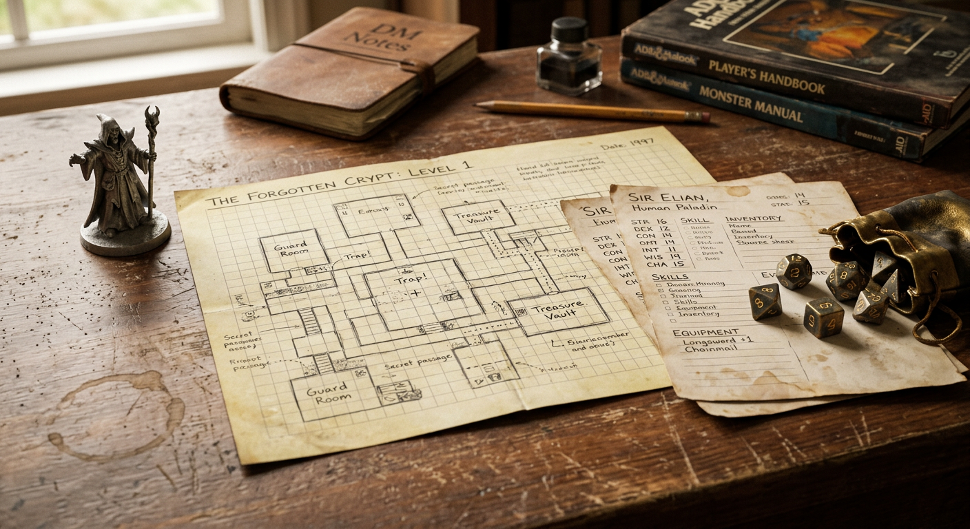 A hand-drawn dungeon map titled 'The Forgotten Crypt: Level 1', dated 1997, on a wooden table with figurines and rulebooks — the campaign that never ran