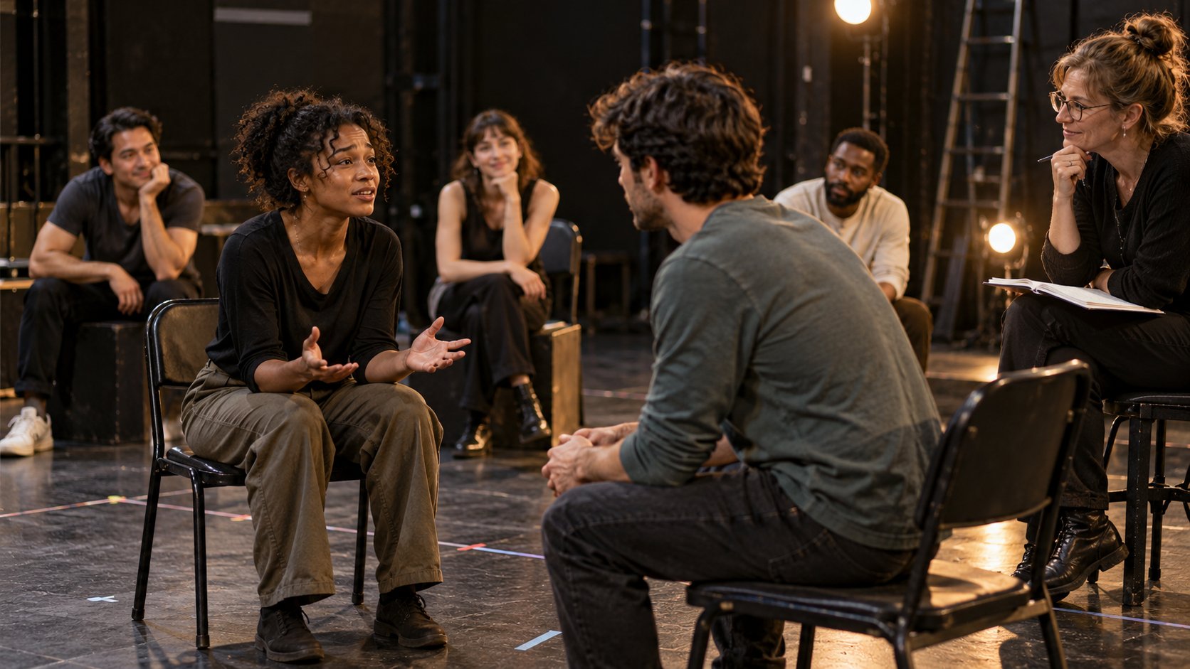 Actors in street clothes rehearsing a scene in a black-box theater while a director with a script leans in to watch