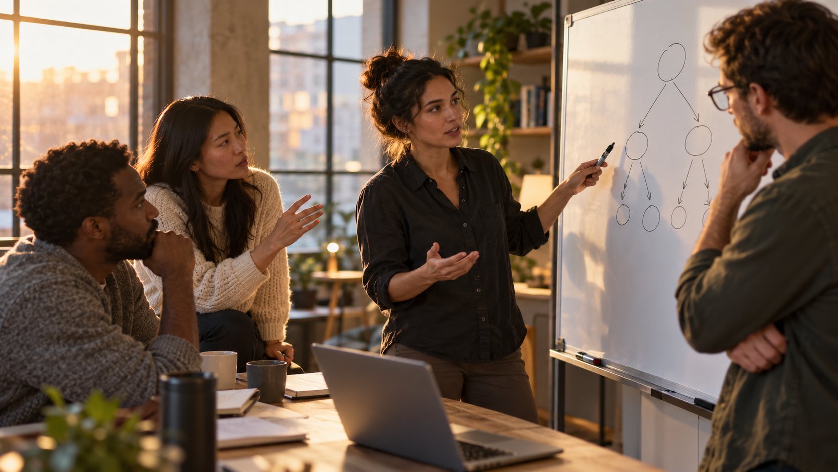 A small team in a sunlit office debating a scenario sketched on a whiteboard, one person standing and gesturing while the others lean in