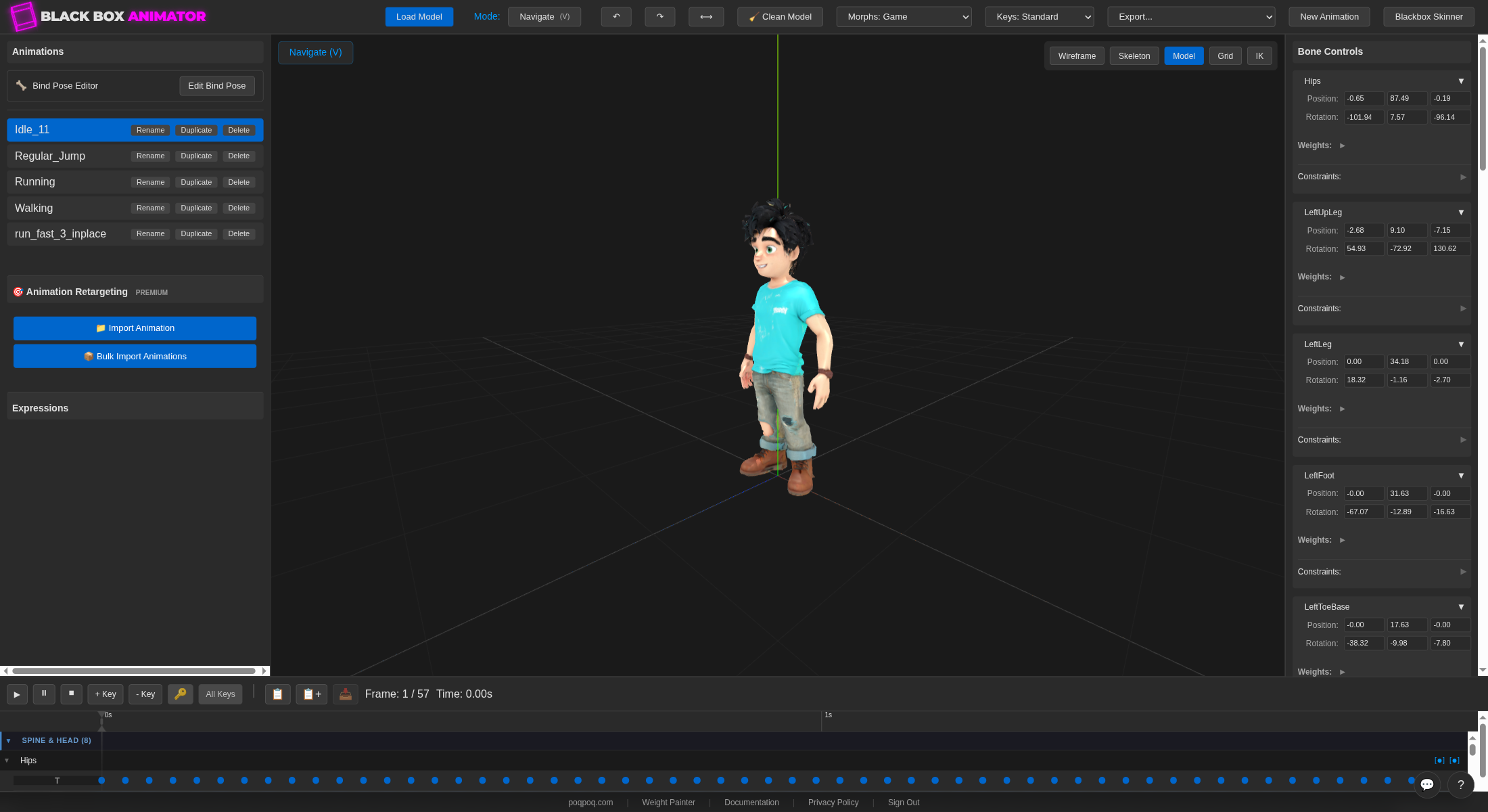 The full Animator interface with Brock loaded. From top: a header bar with the BLACK BOX ANIMATOR logo, a Load Model button, a Mode dropdown reading 'Navigate (V)', undo/redo arrows, a Clean Model button, dropdowns for Morphs and Keys profiles, an Export menu, and New Animation and Blackbox Skinner buttons. Down the left edge: an Animations list (Idle_11 selected, plus Regular_Jump, Running, Walking, run_fast_3_inplace), a Bind Pose Editor row, an Animation Retargeting Premium card with Import Animation and Bulk Import Animations buttons, and an Expressions section. The centre is a 3D viewport with Brock (a young biped in a teal shirt) standing on a grid; five display-mode toggles sit in the upper-right corner. The right panel shows a Bone Controls list with Hips, LeftUpLeg, LeftLeg, LeftFoot, and LeftToeBase rows, each exposing position and rotation values. The bottom strip is a timeline with playback controls, keyframe tools, a frame counter reading 'Frame: 1 / 57 Time: 0.00s', and a SPINE & HEAD track showing dozens of blue keyframe diamonds.