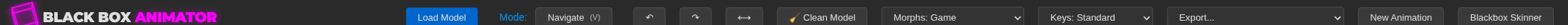 The header bar in detail: BLACK BOX ANIMATOR logo on the left; then a blue Load Model button; a Mode dropdown showing 'Navigate (V)'; undo and redo arrows; a left-right swap arrow; a Clean Model button with a broom icon; a Morphs profile dropdown reading 'Morphs: Game'; a Keys profile dropdown reading 'Keys: Standard'; an Export dropdown; and at the right edge a New Animation button and a Blackbox Skinner button.