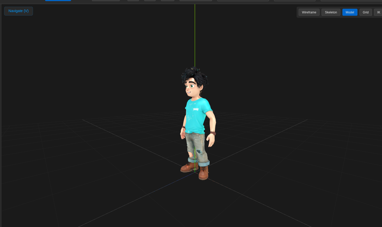 The 3D viewport with a sample biped character (Brock) loaded. The character stands on a faint isometric grid with red, green, and blue axis lines marking X, Y, and Z. The top-right of the viewport shows five display-mode toggles labelled Wireframe, Skeleton, Model (highlighted), Grid, and IK. The top-left shows the current mode indicator reading 'Navigate (V)'.