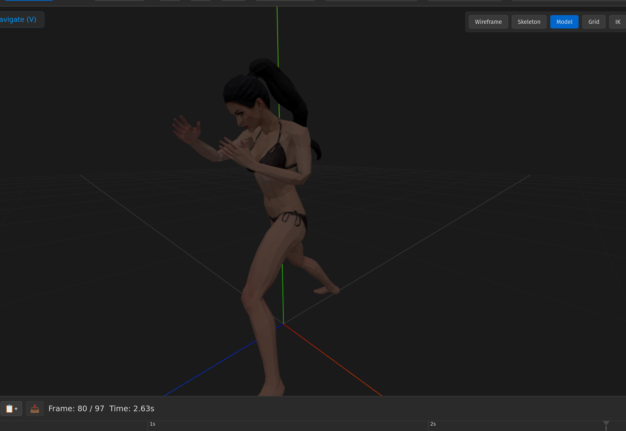 The 3D viewport showing a different character mid-action — a slim female biped in a black two-piece, paused mid-stride during a punching-bag animation, both arms raised in a guard. Her body twists forward; one foot lifts off the ground. The vertical green axis runs through her body and orange/blue axis lines extend along the floor grid. Display-mode toggles (Wireframe, Skeleton, Model selected, Grid, IK) sit in the upper-right corner; the 'Navigate (V)' indicator is upper-left; a frame counter at the bottom reads 'Frame: 80 / 97 Time: 2.63s'.