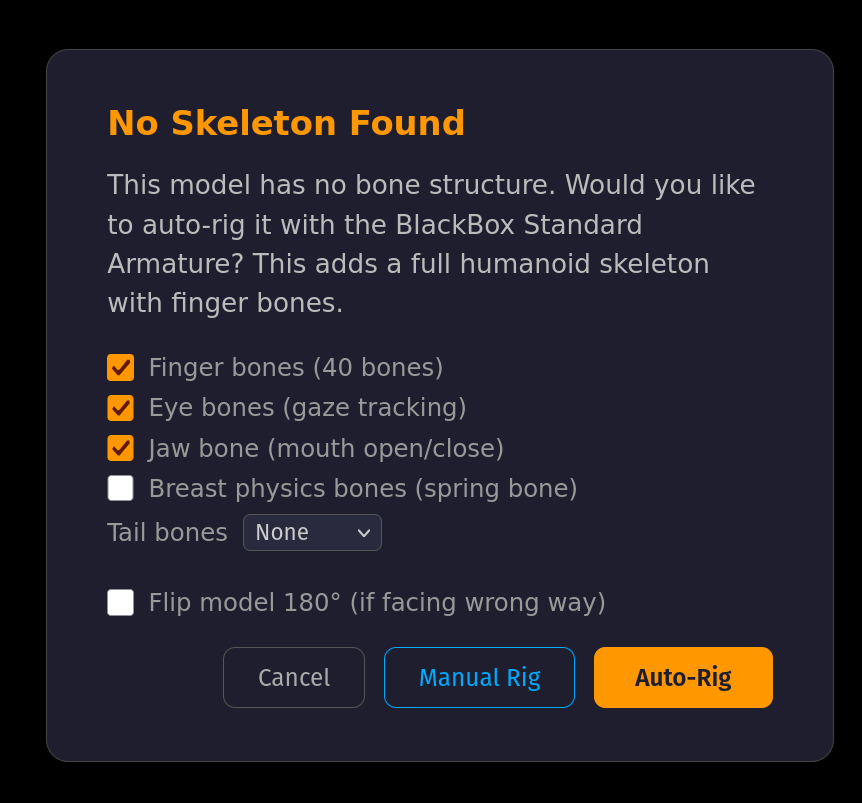 The 'No Skeleton Found' dialog opens automatically when you load an unrigged mesh. The yellow heading reads 'No Skeleton Found' and the body text explains 'This model has no bone structure. Would you like to auto-rig it with the BlackBox Standard Armature? This adds a full humanoid skeleton with finger bones.' Below are checkboxes for: Finger bones (40 bones, checked), Eye bones (gaze tracking, checked), Jaw bone (mouth open/close, checked), Breast physics bones (spring bone, unchecked); a Tail bones dropdown set to None; and a Flip model 180-degrees checkbox. Three buttons line the bottom: Cancel, Manual Rig (blue outlined), and Auto-Rig (orange-filled).