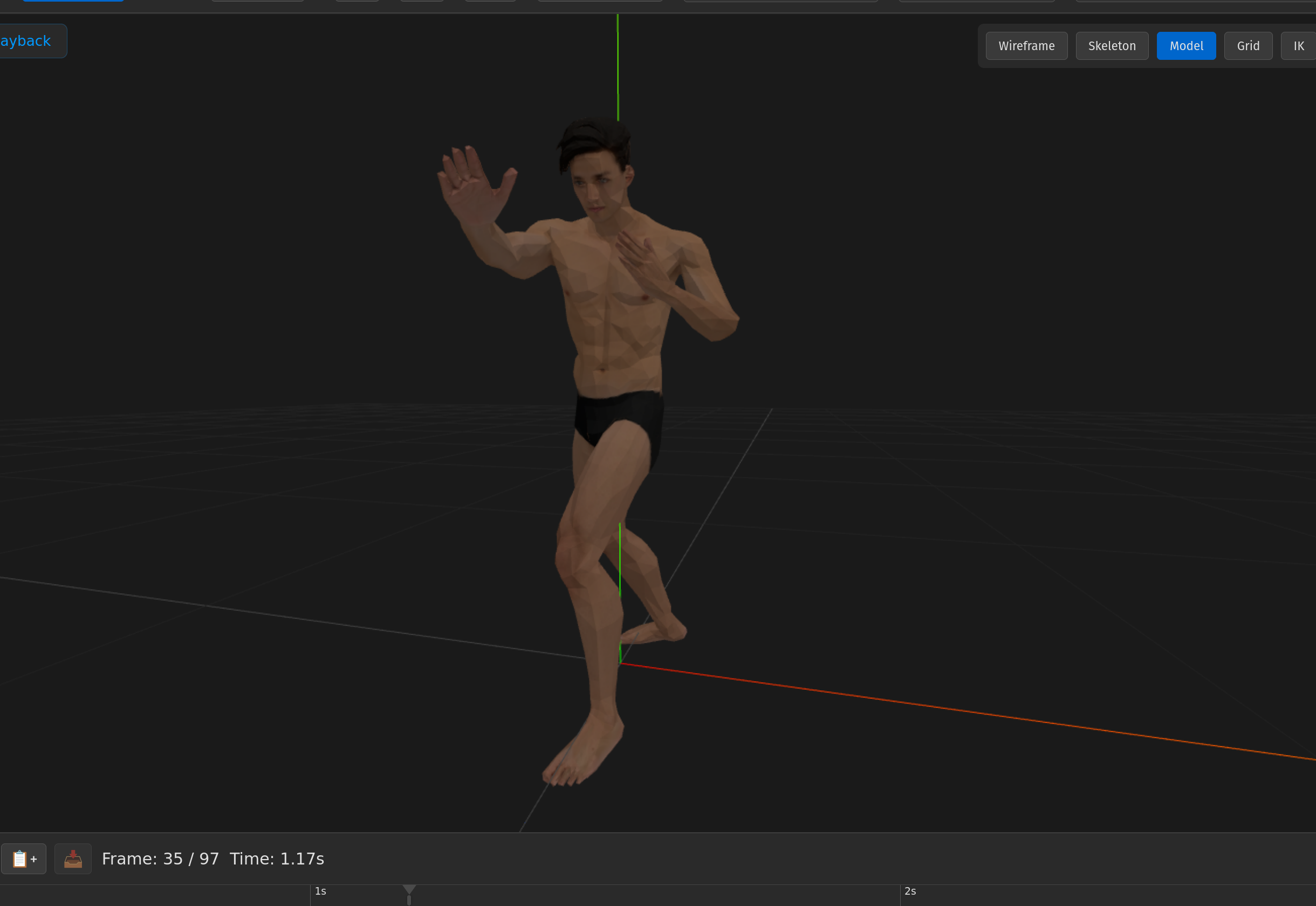 A muscular male character — originally an unrigged TripoAI mesh — paused mid-action during a Mixamo punching-bag animation. He stands on a faint grid with one arm raised in a defensive position, body twisted into a martial-arts stance. The vertical green axis line passes through his torso. Display-mode toggles (Wireframe, Skeleton, Model selected, Grid, IK) sit in the upper-right corner; a frame counter at the bottom reads 'Frame: 35 / 97 Time: 1.17s'. The figure proves the full pipeline: load unrigged mesh, auto-rig, retarget animation, hit play.