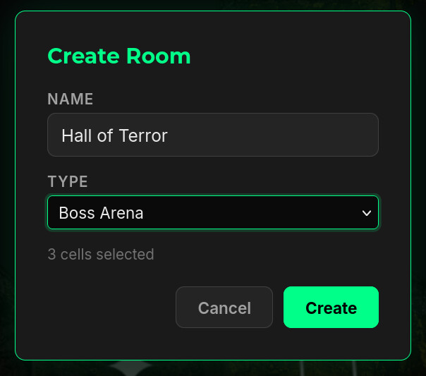 Create Room dialog showing NAME field (Hall of Terror), TYPE dropdown (Boss Arena), '3 cells selected' indicator, Cancel and green Create button.