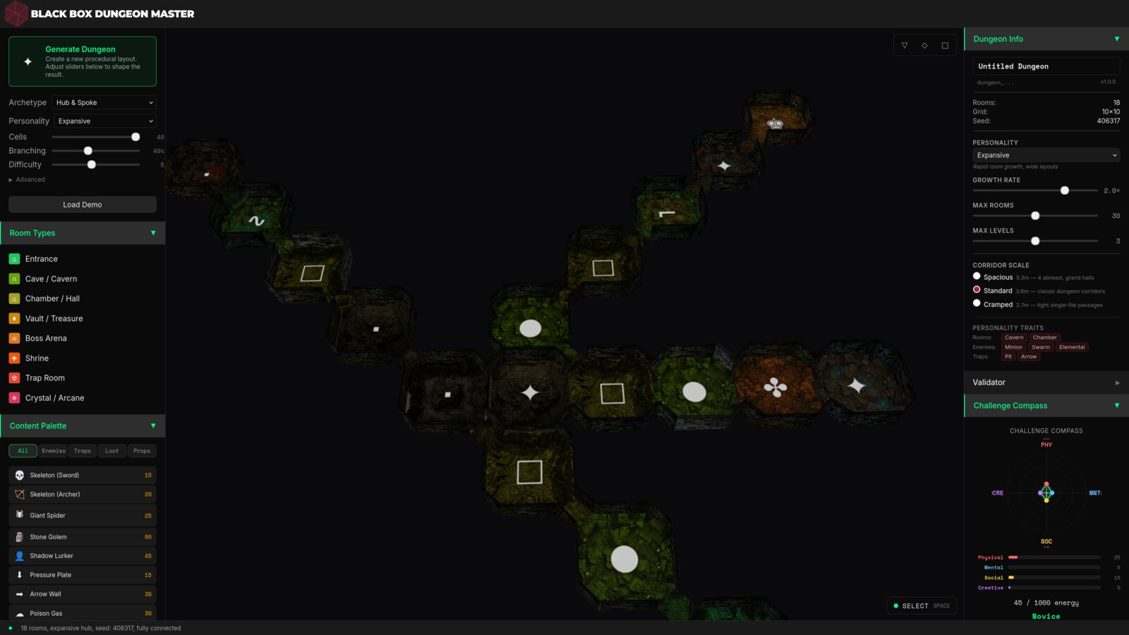 Dungeon Master editor &mdash; left sidebar with Generate Dungeon and Room Types, 3D viewport with runic glyphs on cell floors, right sidebar with Dungeon Info, Validator, and Challenge Compass.