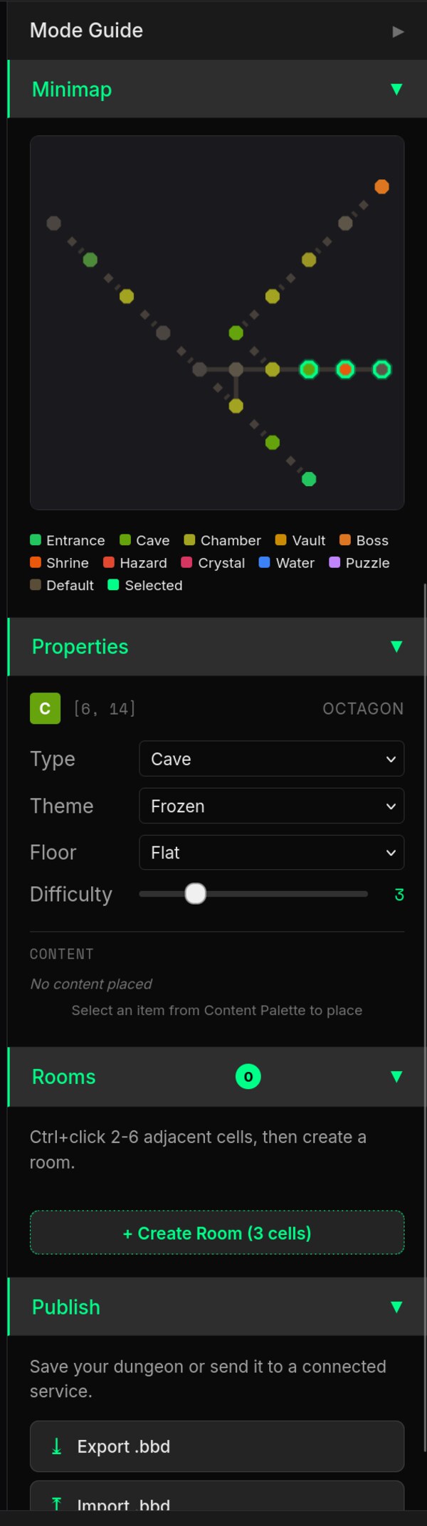 Properties panel showing a selected octagon cell at [6,14] with Type/Theme/Floor/Difficulty fields; Rooms panel below with '+ Create Room (3 cells)' button ready; Publish panel at bottom with Export .bbd.