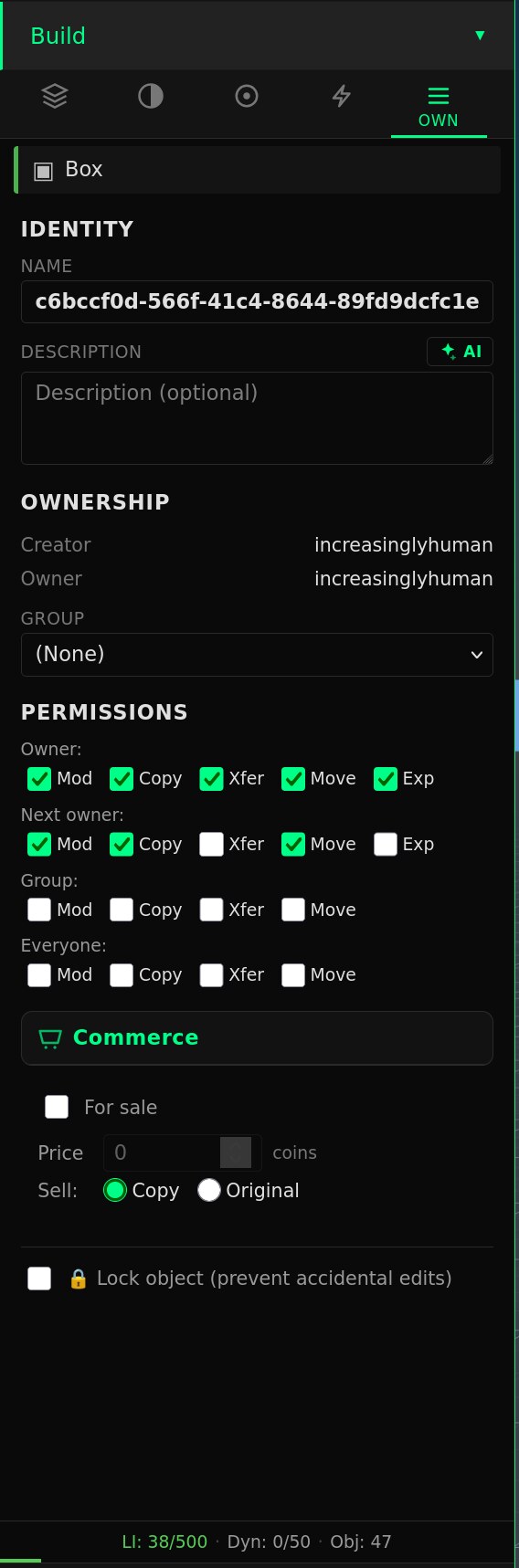 Own tab of the build panel showing identity (name + AI-augmented description), ownership (creator + owner + group), a 4-by-4 permissions matrix for Owner / Next-owner / Group / Everyone, and a Commerce section with For-sale toggle and Lock-object affordance