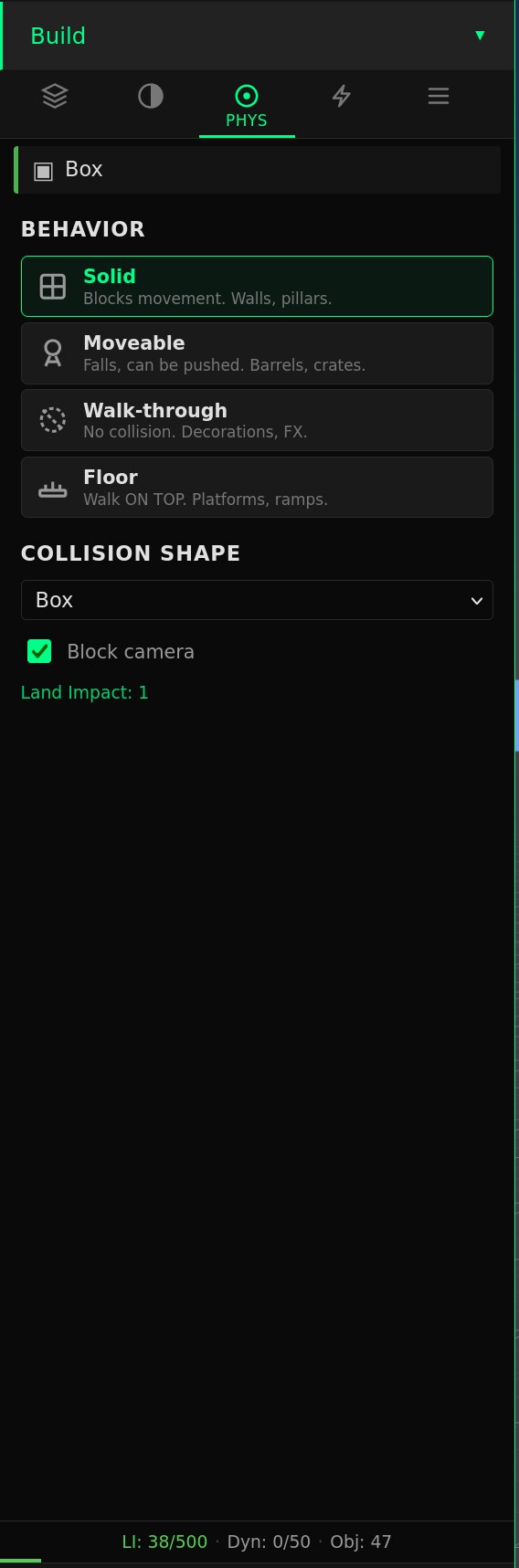 Physics tab of the build panel showing four behavior options (Solid, Moveable, Walk-through, Floor), a Collision Shape dropdown, a Block-camera checkbox, and a Land Impact readout of 1