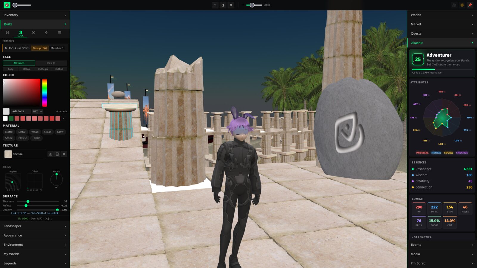 poqpoq World — a builder avatar standing on a Doric plaza, with the Build panel docked left and the character sheet docked right