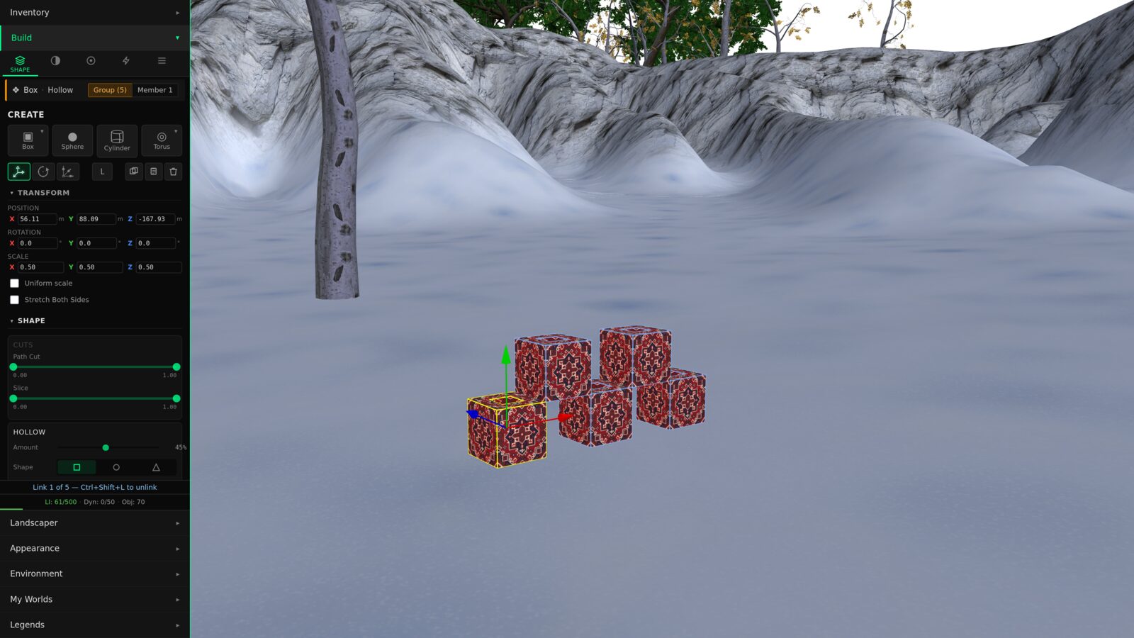 A snowy mountain scene with a small group of intricately-textured castle prims placed by the builder, with the Build panel docked on the left showing CREATE tools and a SHAPE section
