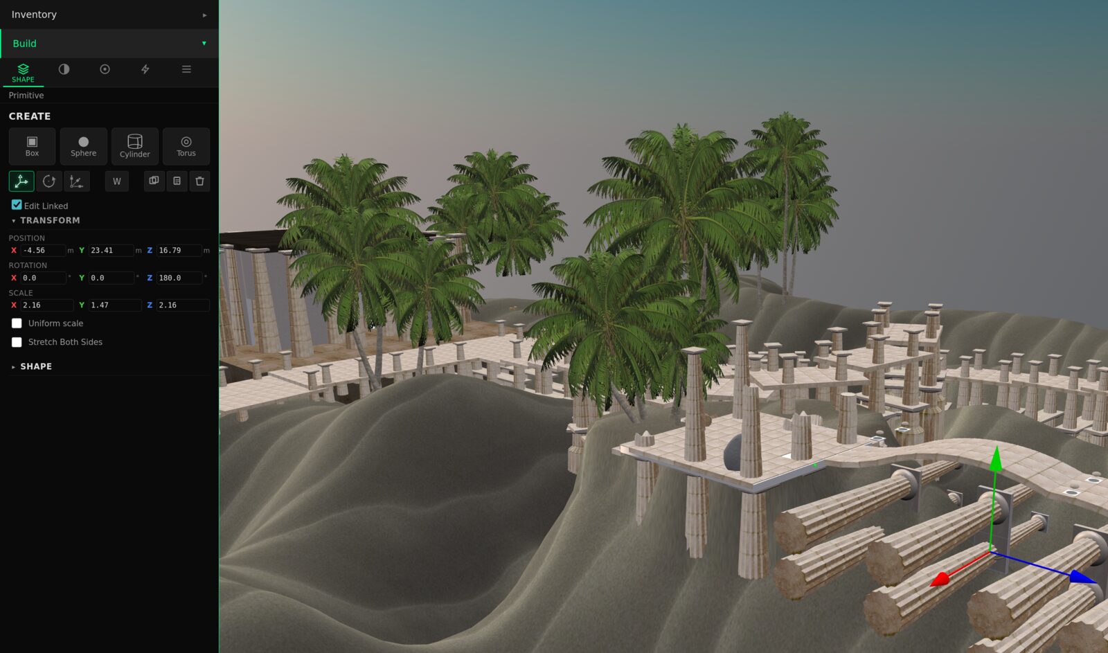 A top-down view of an imported world: a plaza with palms, columns, and architecture, where many of the column elements are visibly tilted 90 degrees off vertical, lying on their sides instead of standing upright