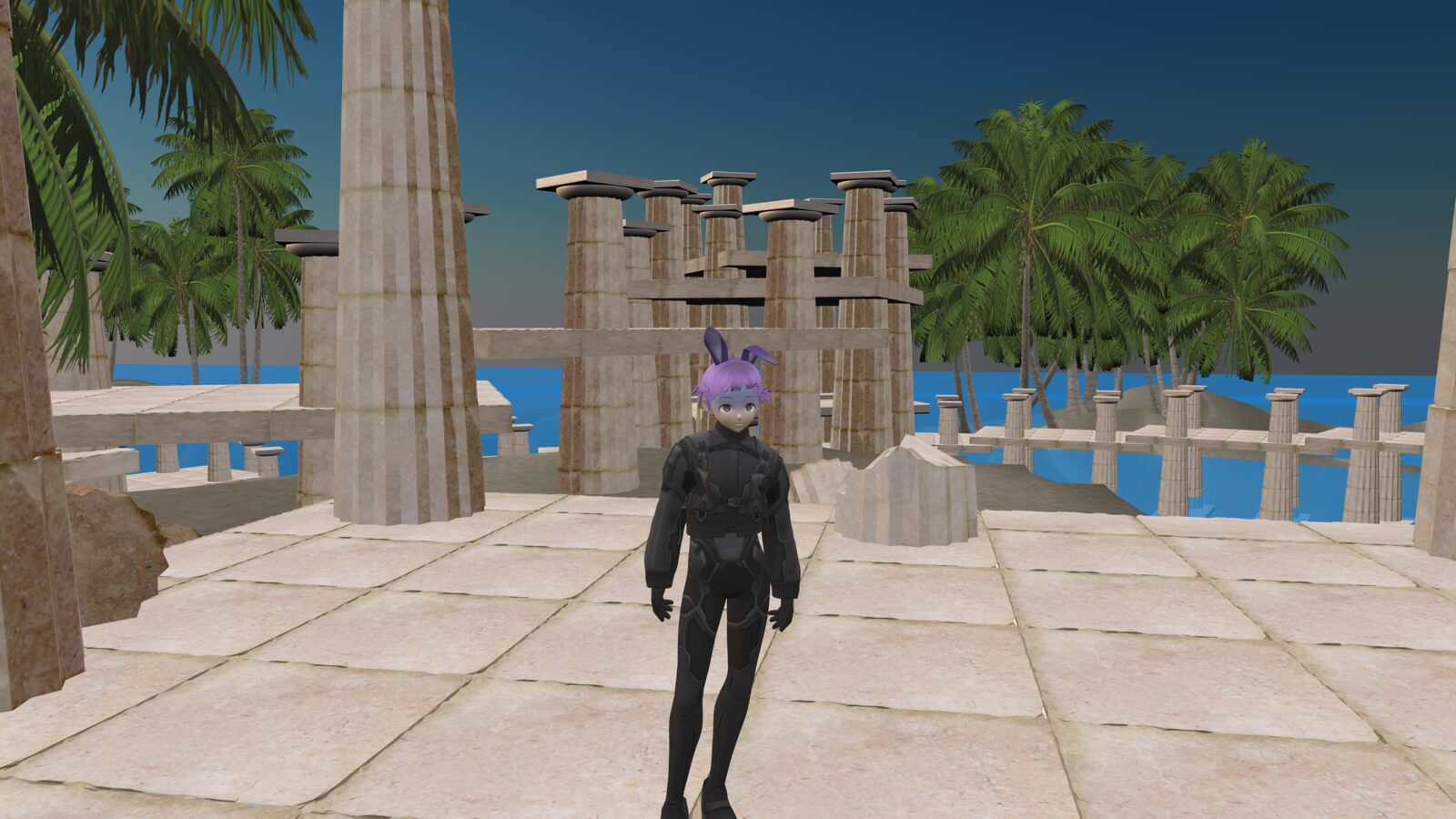 The same plaza after the fix: Doric columns standing upright, palms swaying, sky and water rendered correctly, a builder avatar walking through the scene
