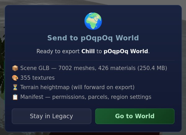 A handoff modal titled 'Send to pOqpOq World', showing a scene about to be exported with 7,002 meshes, 426 materials, 250.4 MB, and 355 textures, with buttons to 'Stay in Legacy' or 'Go to World'