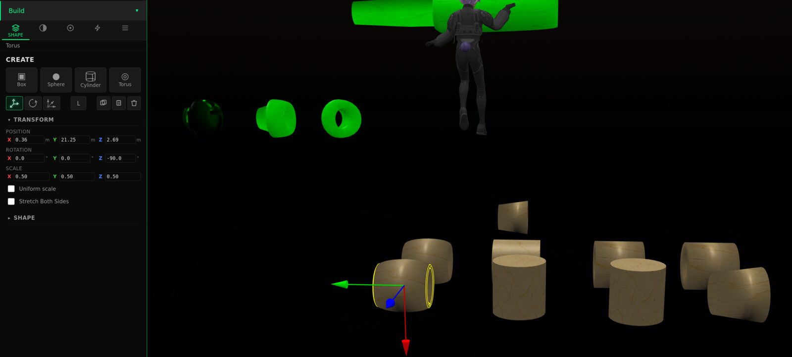poqpoq's build tool: torus shapes rendered with the host engine's conventions, alongside a CREATE panel with Box / Sphere / Cylinder / Torus tabs