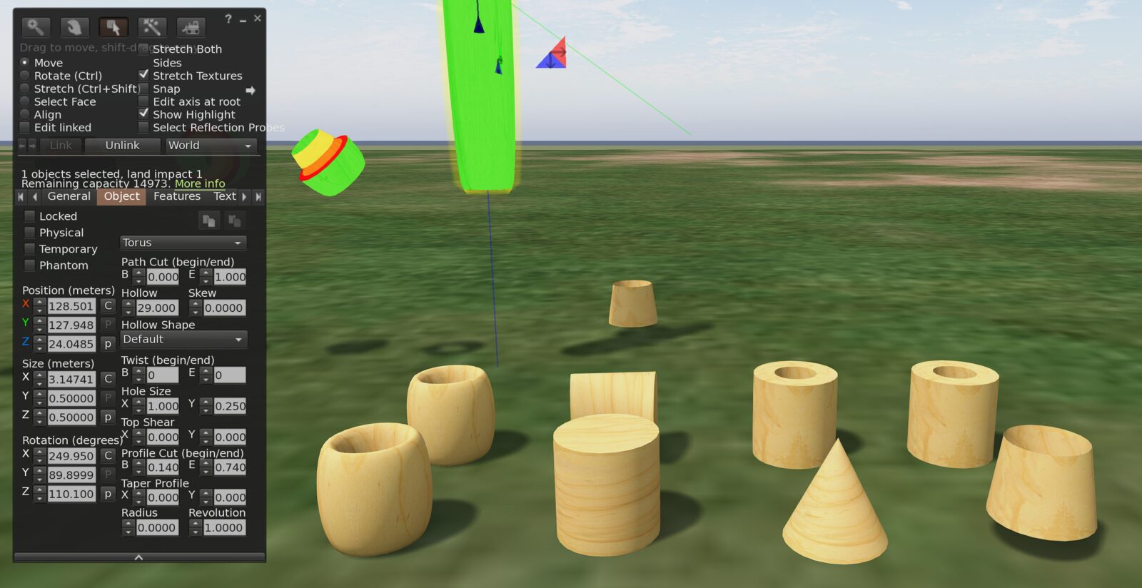 Source-world viewer: equivalent torus shapes with a classic SL/OpenSim object panel showing prim parameters like path cut, hollow, twist, taper, and revolution