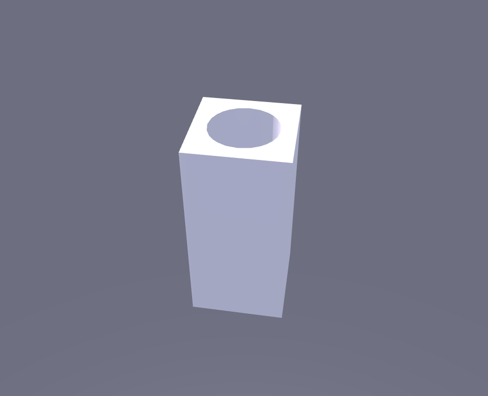 A white square column viewed from above at a three-quarter angle. A circular hole is bored vertically through the column: the round opening is visible on the white top face and the shaded cylindrical interior wall descends into the shape.