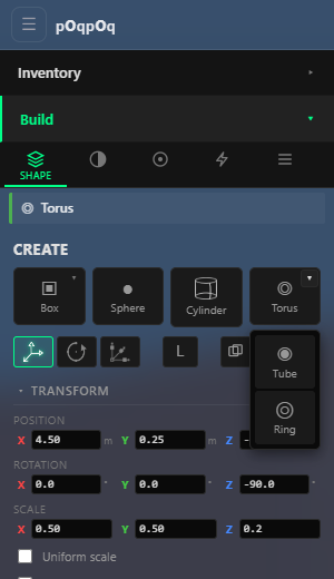 The Build panel CREATE palette with four shape cards: Box, Sphere, Cylinder, Torus. Below the Torus card an opened dropdown shows two additional cards, Tube and Ring, each with a ring-style icon. Behind the dropdown the TRANSFORM section of a selected torus is partially visible.