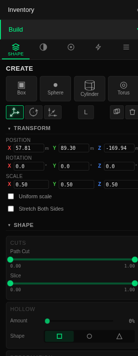 The Build panel's Shape tab with the SHAPE accordion expanded. Top of the panel: CREATE row with Box, Sphere, Cylinder, Torus buttons; gizmo-mode toolbar with Move highlighted in green, then Rotate, Scale, an L letter for local/world toggle, Duplicate, and Delete icons. TRANSFORM section: POSITION X/Y/Z color-coded red, green, blue with values 57.81, 89.30, -169.94 in metres; ROTATION X/Y/Z all 0 degrees; SCALE X/Y/Z all 0.50. Uniform scale and Stretch Both Sides checkboxes are unchecked. The expanded SHAPE section reveals: CUTS subsection with Path Cut and Slice sliders both ranging 0.00 to 1.00; HOLLOW subsection with Amount slider at 0% and a Shape selector showing three icons (square highlighted, circle, triangle); DEFORMATION subsection with a Twist slider at 0 degrees.