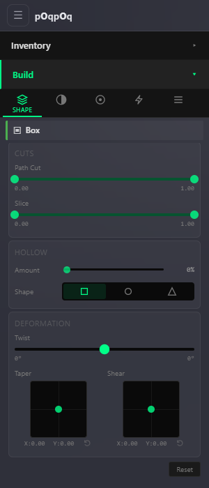 The Build panel's Shape tab with a box selected. The expanded SHAPE accordion shows three card sections. CUTS contains Path Cut and Slice, each a dual-handle slider reading 0.00 to 1.00. HOLLOW contains an Amount slider reading 0% and a Shape selector with square, circle, and triangle icon buttons, square highlighted. DEFORMATION contains a Twist slider with both handles centered reading 0 degrees at each end, and two square drag-pads labeled Taper and Shear, each with a centered green dot and readouts X:0.00 Y:0.00. A Reset button sits at the bottom of the section.
