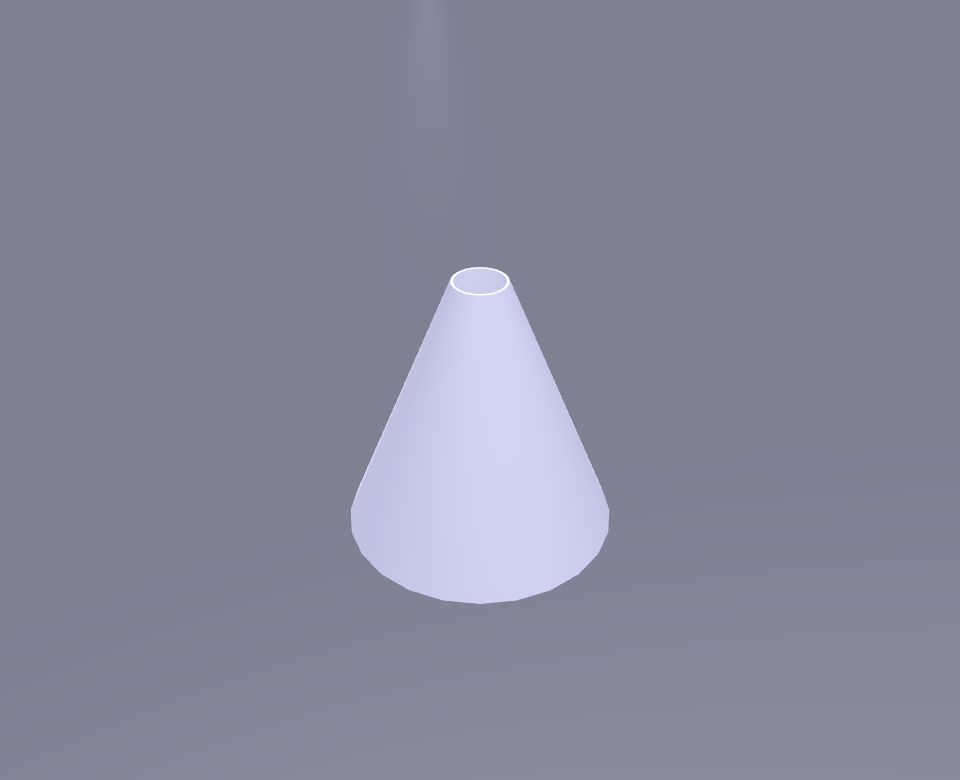 A white cone standing on a gray floor, made from a tapered cylinder. The tip is truncated and open: a small circular opening at the top shows a bright thin rim where the hollow interior meets the tapered wall.