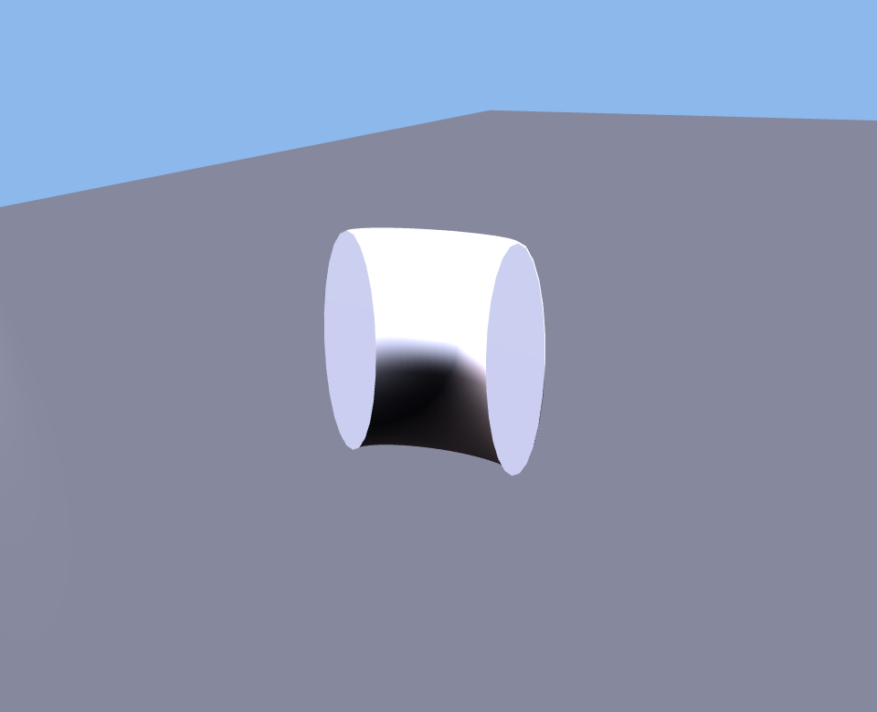 A thick white half-torus standing like an arch on a gray platform, viewed from a three-quarter angle. The lower half of the ring has been cut away: two flat oval cut surfaces face downward as legs, and a dark tunnel opening passes beneath the remaining arc.