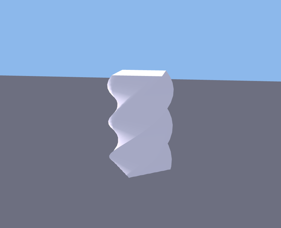 The same column with 360 degrees of twist applied: the square cross-section spirals a full revolution from bottom to top, producing helical fluted edges like a twisted ribbon, same camera angle and lighting as the untwisted shot.