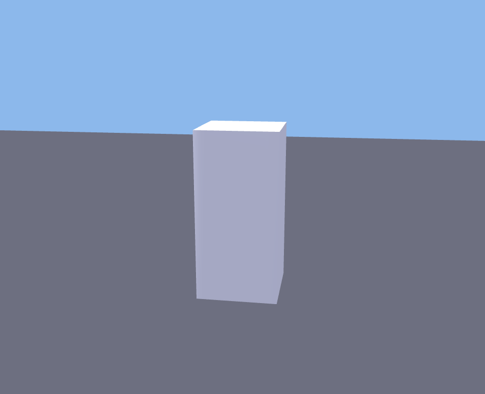 A plain white rectangular column standing on a gray platform against a blue sky, viewed from a three-quarter angle.