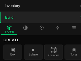 Close-up of the Shape tab's CREATE palette: four cards labeled Box, Sphere, Cylinder, and Torus below the tab icon row.