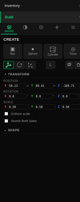 The Shape tab with an object selected. Below the CREATE palette: a gizmo-mode toolbar (move, rotate, scale, plus L, duplicate, and delete buttons), then a TRANSFORM section with X/Y/Z number inputs for POSITION in meters, ROTATION in degrees, and SCALE, plus Uniform scale and Stretch Both Sides checkboxes.