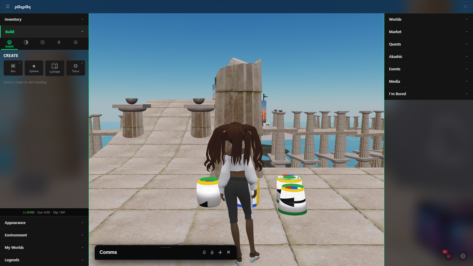 The poqpoq World viewport with the left shelf open. The shelf lists Inventory, Build (highlighted green and expanded to show the Shape tab with its CREATE palette), Appearance, Environment, My Worlds, and Legends. The 3D world shows an avatar standing in a plaza of Doric columns.