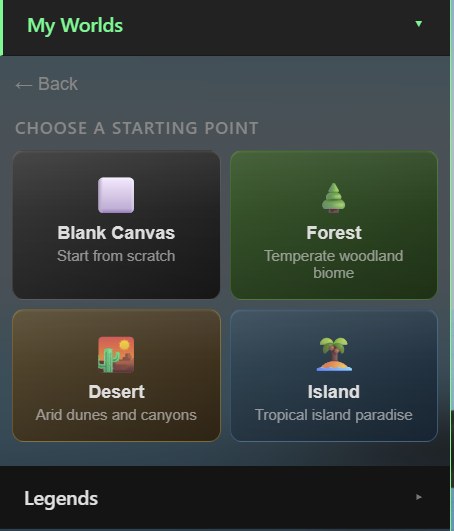 A 'Choose a starting point' screen with four biome cards in a two-by-two grid: Blank Canvas (Start from scratch), Forest (Temperate woodland biome), Desert (Arid dunes and canyons), and Island (Tropical island paradise), each with an icon.