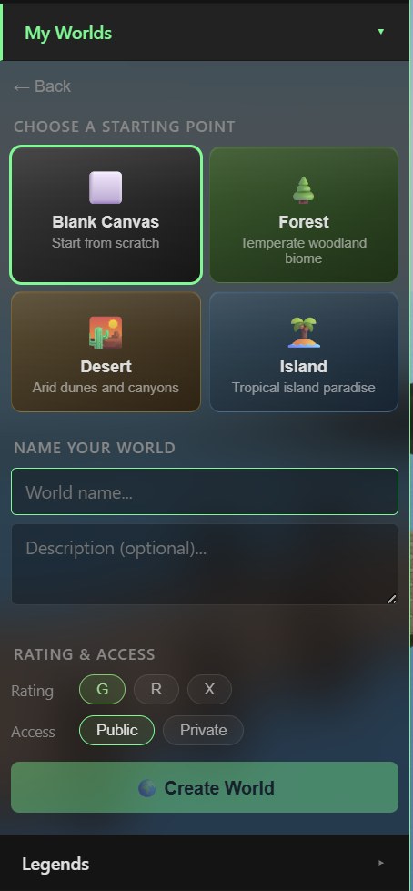 The full Create World form: the four biome cards at top with Blank Canvas selected, then a 'Name your world' text field and an optional description box, then Rating (G/R/X toggle) and Access (Public/Private toggle), and a green 'Create World' button at the bottom.