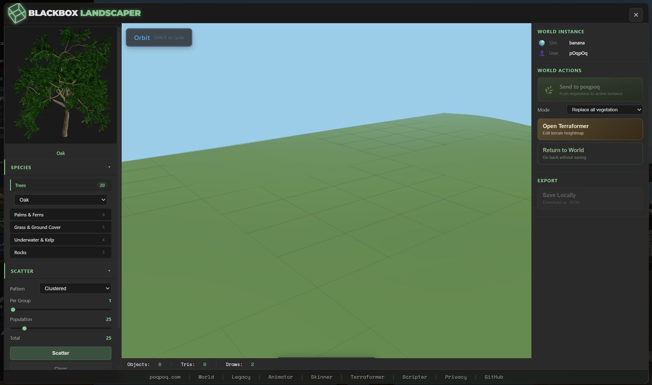 The Black Box Landscaper app. The left panel shows a large Oak tree preview, a Species list (Trees 20, Palms and Ferns 6, Grass and Ground Cover 5, Underwater and Kelp 4, Rocks 5) with an Oak dropdown selected, and a Scatter section (Pattern: Clustered, Per Group, Population 25, Total 25) with Scatter and Clear buttons. The right panel shows WORLD INSTANCE (Sim: banana, User: poqpoq), WORLD ACTIONS (Send to poqpoq -- Push vegetation to active instance, Mode: Replace all vegetation, Open Terraformer, Return to World), and EXPORT (Save Locally -- Download as JSON).