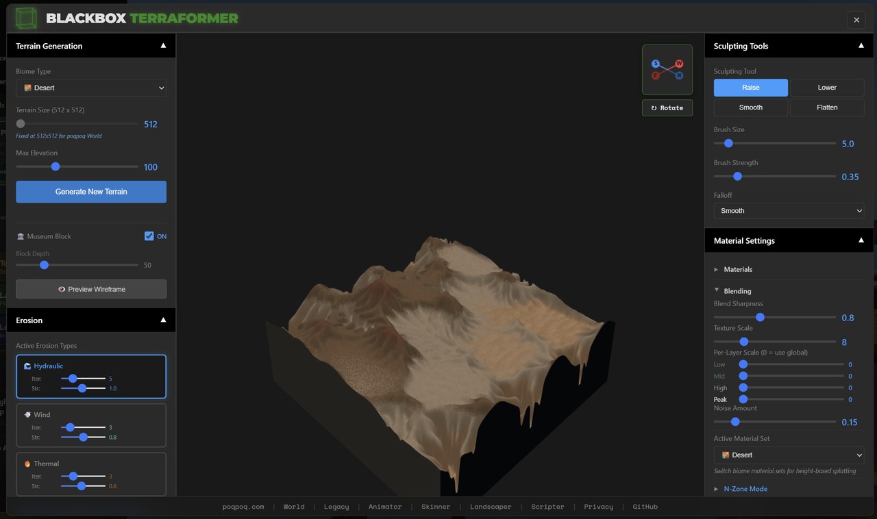 The Black Box Terraformer app. A sculpted desert terrain block sits in the center viewport. The left panel has Terrain Generation (Biome Type: Desert, Terrain Size fixed at 512x512, Max Elevation 100, Generate New Terrain button, Museum Block toggle) and an Erosion section with Hydraulic, Wind, and Thermal types each with iteration and strength sliders. The right panel has Sculpting Tools (Raise, Lower, Smooth, Flatten, with Brush Size and Strength) and Material Settings (blending, texture scale, per-layer height splatting, active material set: Desert).