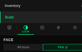 Close-up of the FACE section at the top of the Look tab: an All faces button beside a green-highlighted Pick toggle.