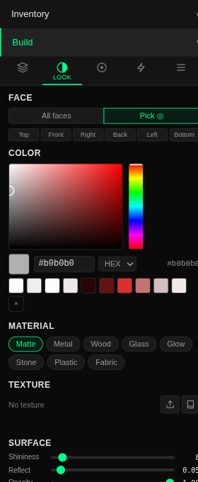 The Look tab with Pick mode active. In the FACE section, the Pick toggle is highlighted green next to All faces, above the quick-select strip (Top, Front, Right, Back, Left, Bottom). Below are the COLOR picker, MATERIAL preset chips, TEXTURE section, and SURFACE sliders that will apply to the picked face.