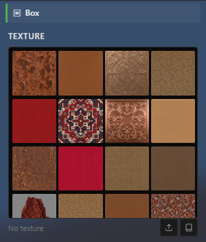 The Build panel's Texture section with the texture library open. A grid of square texture thumbnails four across shows brick and ornamental pattern swatches; a partially visible next row indicates the grid scrolls. Below the grid a 'No texture' label sits beside two small icon buttons for uploading a texture and toggling the library.