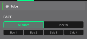 The Build panel's FACE section for a selected tube prim. Two toggle buttons read 'All faces' (active) and 'Pick'. Below them four small chip buttons read Side 1, Side 2, Side 3, Side 4.