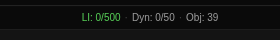 Closeup of the budget bar at the bottom of the Build panel. Three counters separated by thin dividers: 'LI: 0/500' with the LI text in green; 'Dyn: 0/50'; 'Obj: 39'. The dark band runs the full panel width.
