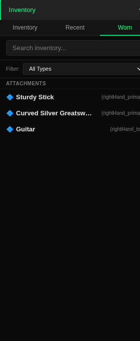 Inventory shelf with the Worn tab active and highlighted in green between the Inventory and Recent tabs. A 'Search inventory' field and 'Filter: All Types' dropdown sit at the top. ATTACHMENTS section header. Three list rows: 'Sturdy Stick' tagged with the slot label 'rightHand_primary'; 'Curved Silver Greatsw' (text truncated) also tagged 'rightHand_primary'; 'Guitar' tagged 'rightHand_tool'. Bottom toolbar shows plus, folder, and trash icons with a '70 items' counter on the right.