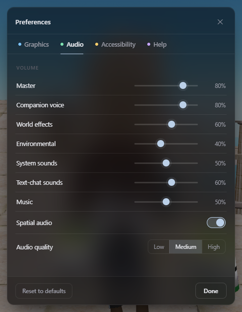 The Preferences dialog on its Audio tab. Under a VOLUME heading are seven horizontal sliders with percentage readouts: Master 80%, Companion voice 80%, World effects 60%, Environmental 40%, System sounds 50%, Text-chat sounds 60%, Music 50%. Below them a Spatial audio toggle switch is on, and an Audio quality control offers Low, Medium, High buttons with Medium selected. Footer buttons read 'Reset to defaults' and 'Done'.