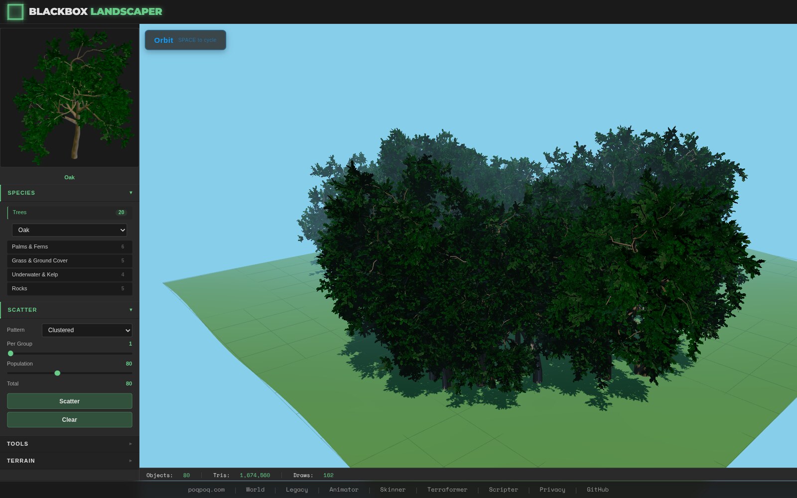 Eighty oaks with the Clustered algorithm — same terrain, same camera, same population as the Poisson example, but the trees pile into a single tight central grove with bare terrain visible at the edges.