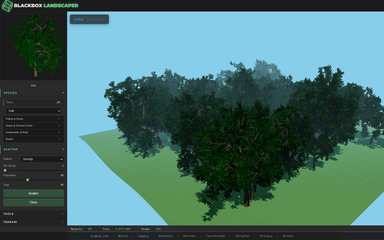 Eighty oaks distributed via the Density Map algorithm. Tree density falls off smoothly toward the terrain edges; the densest concentration is offset slightly forward of center, with thinning trees trailing off toward bare ground at the perimeter.