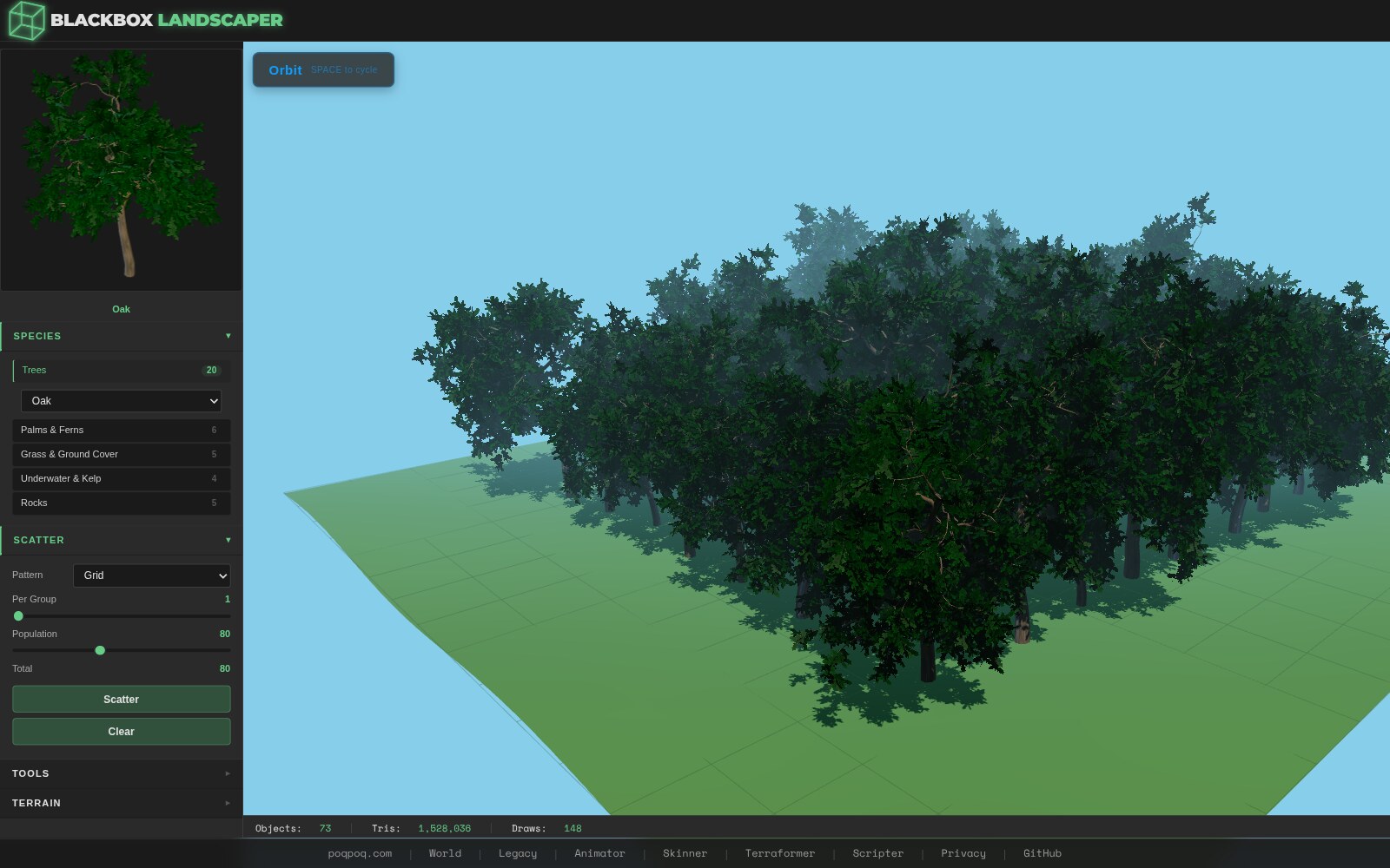 Seventy-three oaks placed on a regular grid across the terrain. Trees form visibly aligned rows and columns at fixed spacing, looking like a planted orchard rather than a wild forest. A few grid cells fell off the terrain edge and were dropped.