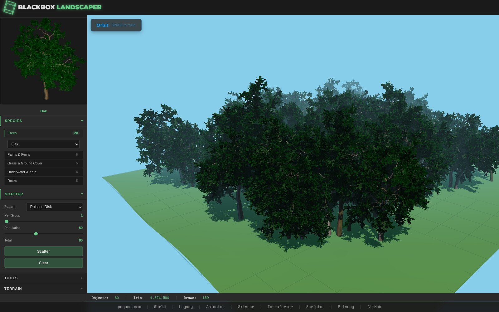 Three-quarter aerial view of the 256-meter procedural terrain populated by 80 oak trees distributed via Poisson disk sampling. Trees are evenly spaced — no two within minimum-distance radius — covering the terrain like a natural deciduous canopy. Atmospheric fog softens distant trees against a pale-blue sky. Stats bar reads Objects 80, Tris 1,874,560, Draws 162.
