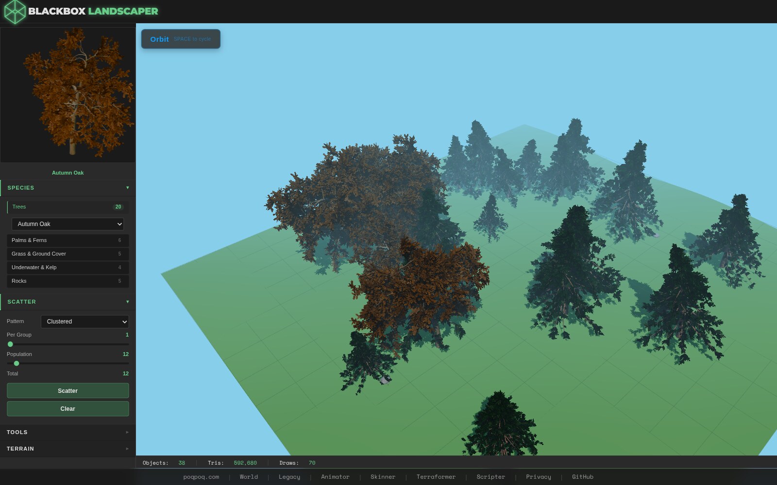 Mixed temperate forest: dark green Pine 2 conifers on the right side, with one large bright-orange Autumn Oak in the foreground left providing dramatic fall color contrast. 8 granite boulders are scattered between the trees but mostly hidden by the canopy. 38 instances total.