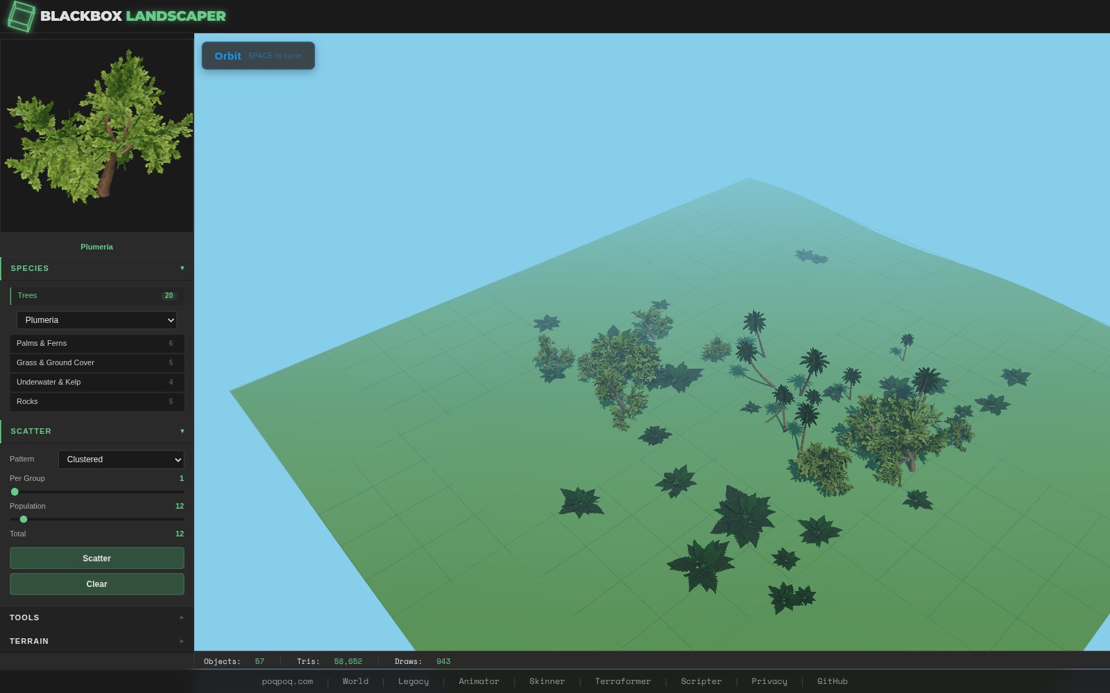 Tropical biome scene: 12 coconut palms scattered with the Clustered algorithm form a small grove on the right. 25 jurassic ferns are spread across the terrain via Poisson disk, looking like dark green stars on the ground. 8 jurassic-fern giants are clustered as larger fern-shaped accents. 12 plumeria bushes add bright lime-green color in the foreground. 57 instances total, 58,652 triangles, 943 draw calls.